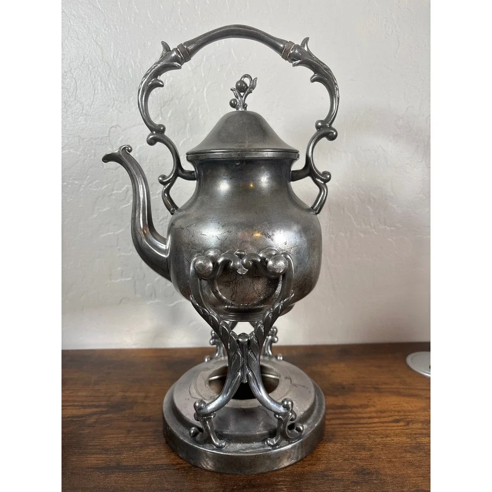 Antique Silver on Copper 5pc Tea Set Tilting Kettle Stand Victorian Ornate Hallm